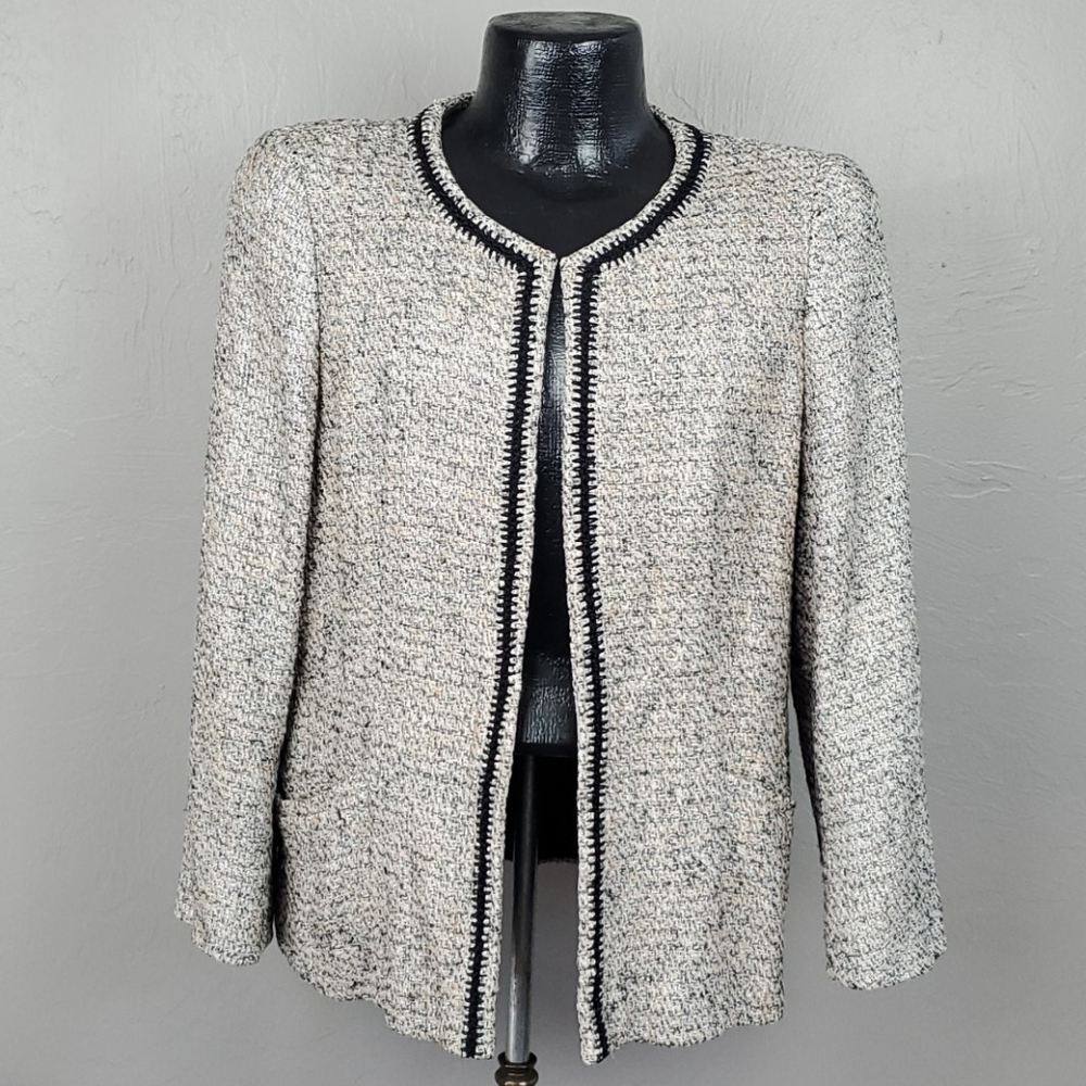 Lafayette 148 blazer open front lining cream black cotton linen women size 12